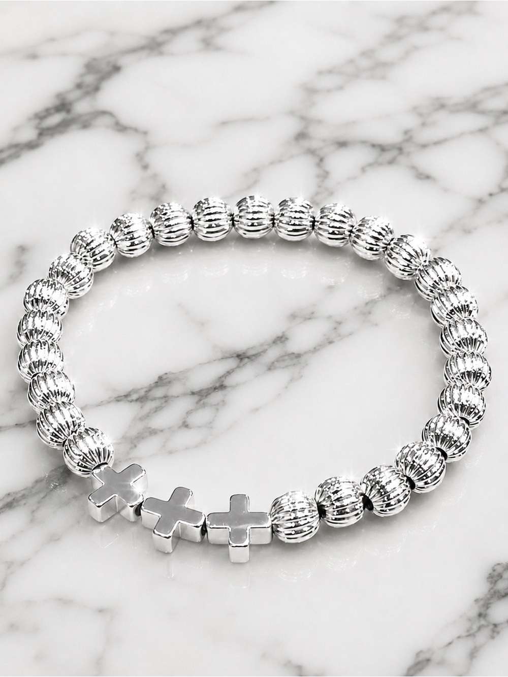 Hand Crafted Lux Infinity Cross 6mm Sterling Silver Bead Bracelet